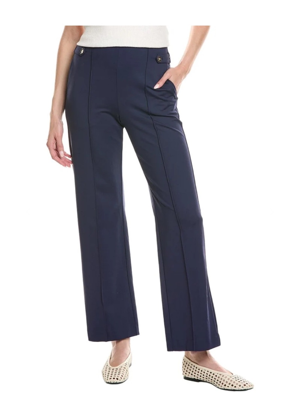 J.McLaughlin Xiomara Navy Wide-Leg Ponte Pants Front Seam Button Accent size 2